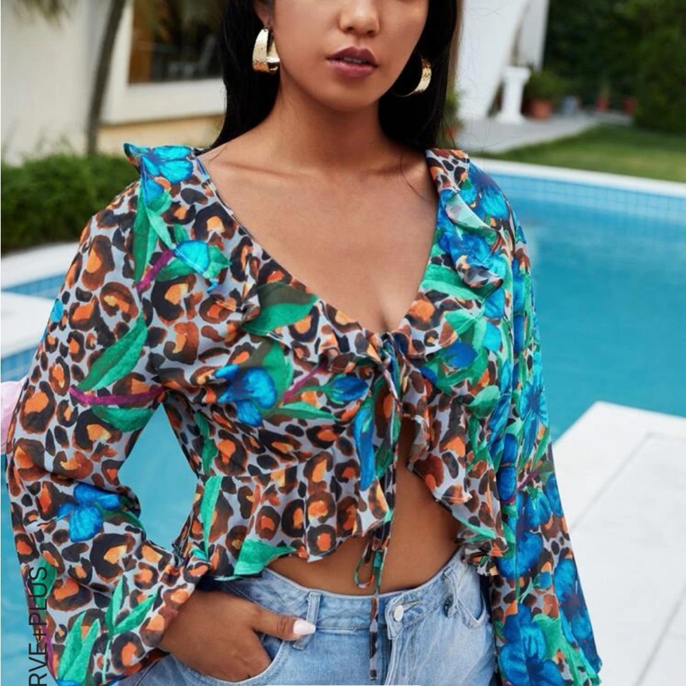 Leopard Floral Print Lantern Sleeve Tie Front Top